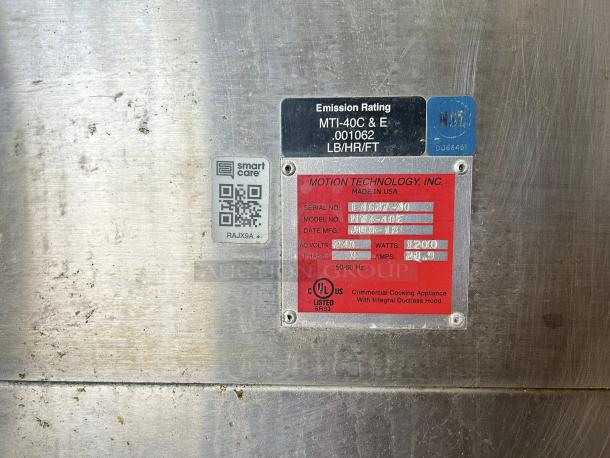 AutoFry MTI-40E fryer with ventless feature, serial: EAB87A0. Emission rating tag, well-maintained condition.