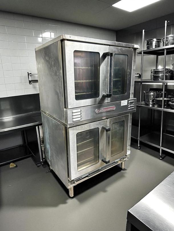 Southbend KLGS/27SC double gas convection oven, 53,000 BTU, excellent condition, fully tested, stainless steel, commercial use.
