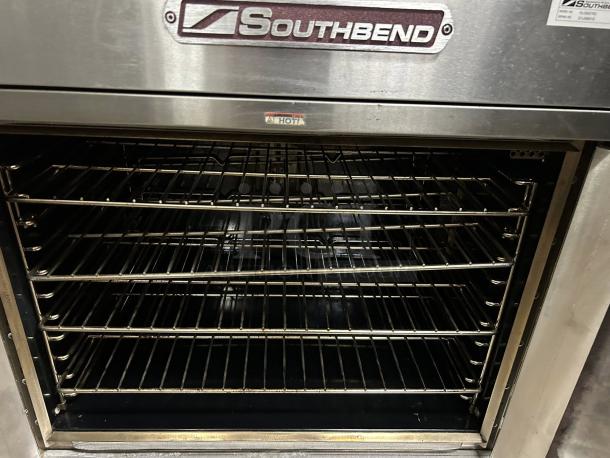 Southbend KLGS/27SC double gas convection oven, 53,000 BTU, excellent condition, visible racks, tested and working.