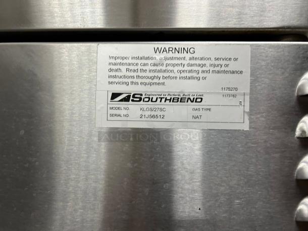 Southbend KLGS/27SC double full-size gas convection oven, 53,000 BTU, excellent condition, model and serial number label shown.
