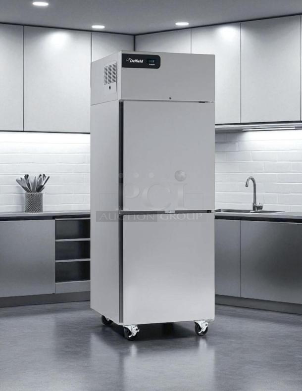 Delfield GBR1P-SH reach-in refrigerator, 27.4", two right hinge solid doors, excellent condition, fully tested, stainless steel.