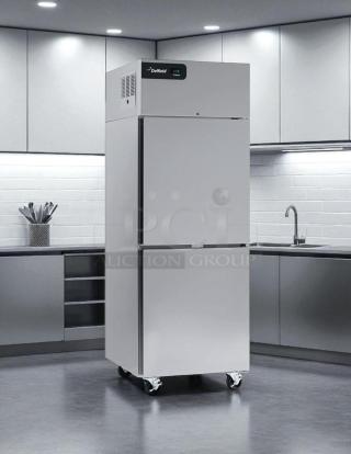 Delfield GBR1P-SH reach-in refrigerator, 27.4", two right hinge solid doors, excellent condition, fully tested, stainless steel.