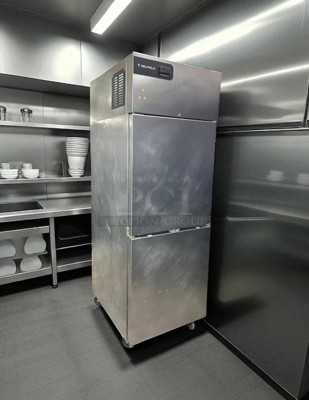 Delfield GBR1P-SH 27" reach-in refrigerator, excellent condition, two right-hinged solid doors, 115v, stainless steel.
