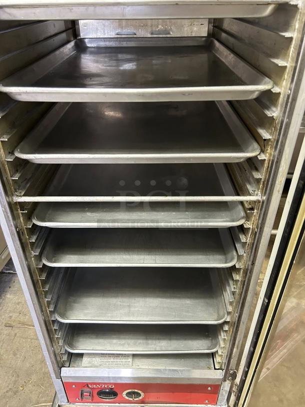Avantco HEAT-1836I full-size insulated heated holding cabinet, clear door, excellent condition, fully tested, shelves visible.