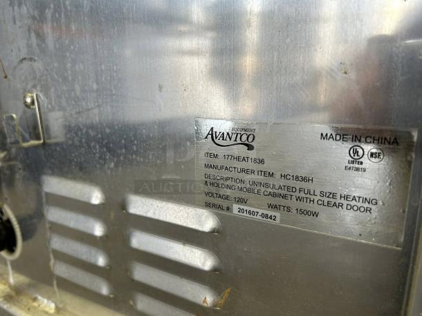 Avantco HEAT-1836I heated holding cabinet label showing model, voltage, wattage, and UL/NSF certification.