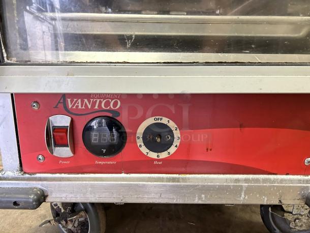 Avantco HEAT-1836I insulated heated holding cabinet with clear door, red panel, power switch, and temperature dial, in good condition.