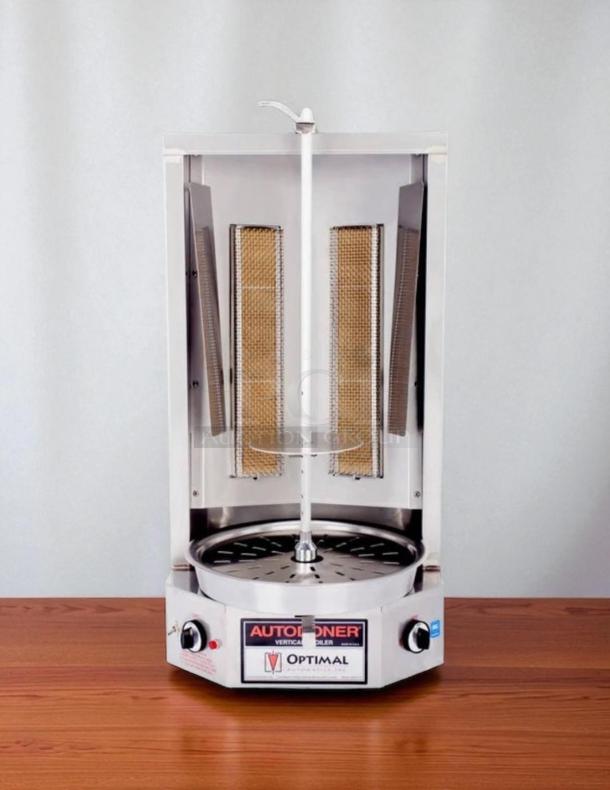 Optimal Automatics 3-PG Autodoner, gas vertical broiler & rotisserie, excellent condition, 65 lb. capacity, 120v, fully tested.