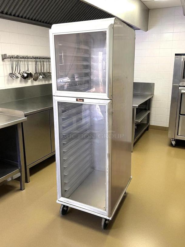 Lakewood Aluminum CA72-RR18-S-R bakery sheet pan bread holding transporter in excellent condition, on wheels, fully tested.
