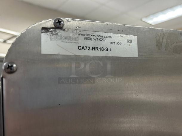 Lakewood Aluminum CA72-RR18-S-R Bakery Sheet Pan Holder; label shows model, contact, NSF mark; excellent condition.