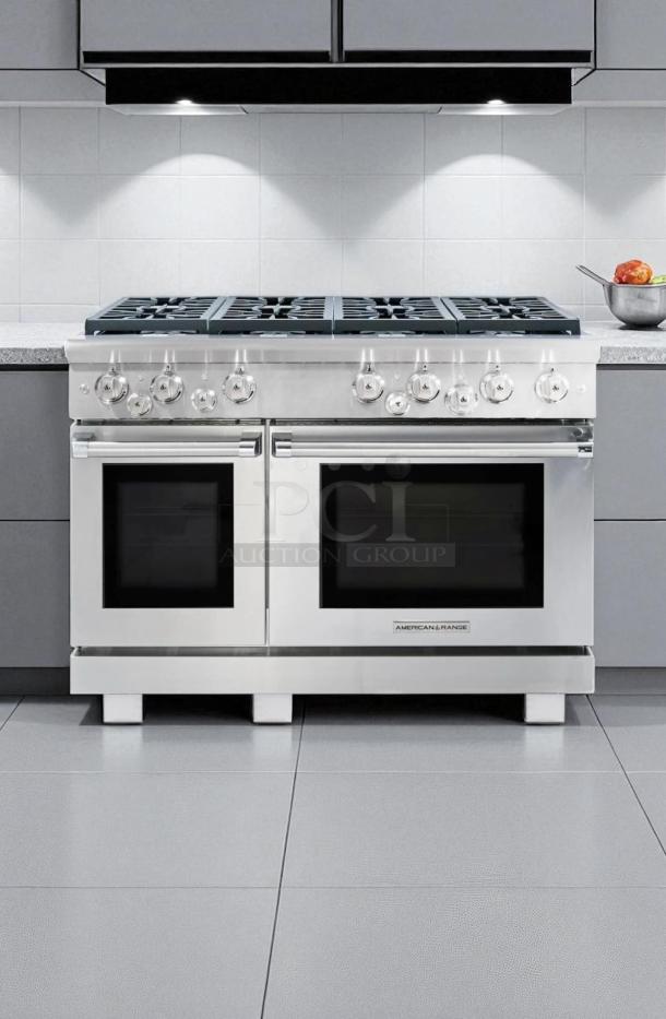 Brand New American Range Cuisine Iconica ARR-488DF-N 48" stainless steel dual fuel range, professional style.
