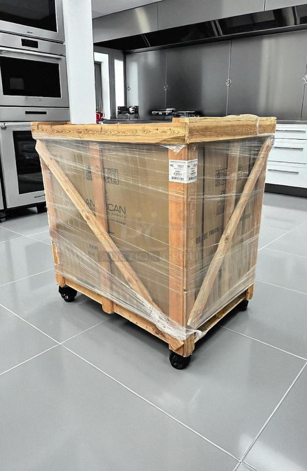 Brand new American Range Cuisine Iconica ARR-488DF-N 48" stainless steel dual fuel range in original packaging on a pallet.