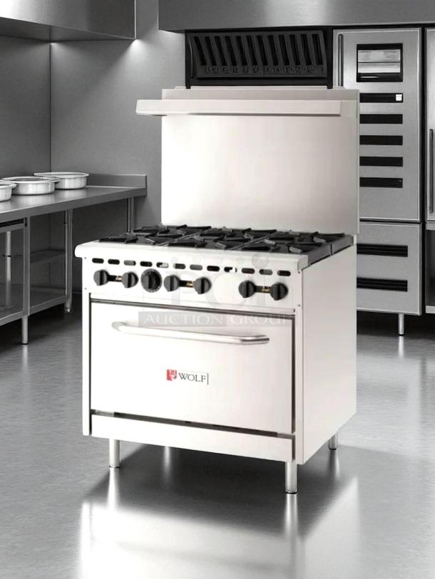 Wolf Commercial WX36-6B WX Series 36" gas range with six 28K BTU burners, excellent condition, fully tested and working.
