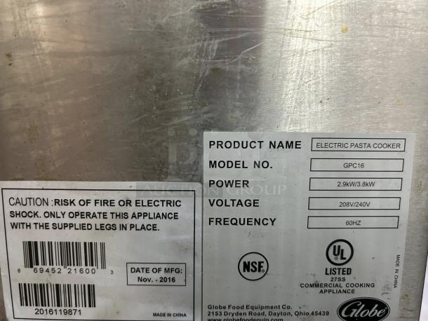 Globe GPC16 12" Electric Pasta Cooker, 208/240V, fully tested, super nice condition. Labels show power, voltage, manufacture details.