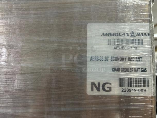 New in box American Range AERB-36 gas charbroiler with 6 burners, 36" wide, countertop model, economy radiant, model label visible.