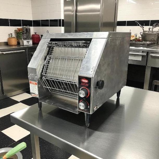 Hatco TQ-10 conveyor toaster, excellent condition, 300 slices/hour, 208V, fully tested, stainless steel finish.