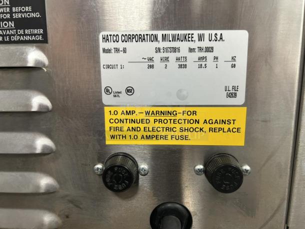 Label on Hatco TQ-10 toaster, showing model TRH-60, 208V, 3838 watts. Warning for 1.0 amp fuse replacement. Excellent condition.