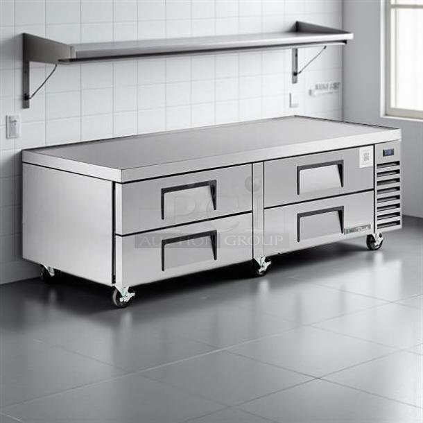 Excellent condition True TRCB-72 four-drawer refrigerated chef base, flat top, 72", 115v, stainless steel, tested & working.