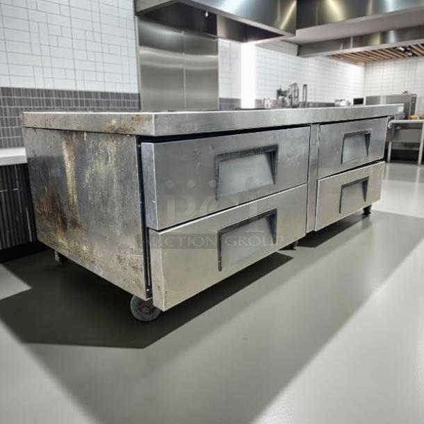 True TRCB-72 four-drawer refrigerated chef base, 72-inch, stainless steel, flat top, excellent condition, tested, working.