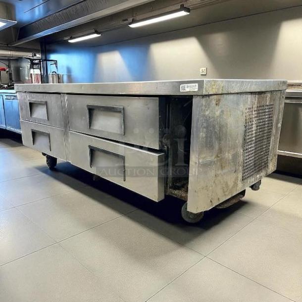 True TRCB-72 refrigerated chef base, four drawers, flat top, stainless steel, 72", excellent condition, tested & working.