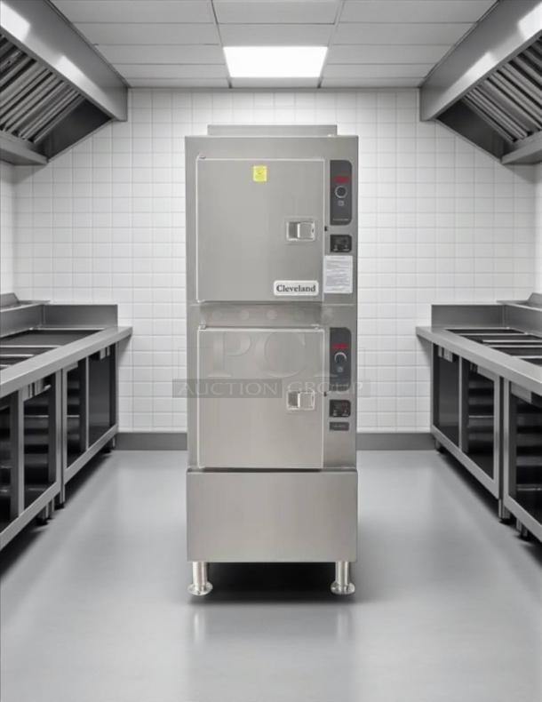 Cleveland Range 24CGA10 Steamer, stainless steel, pristine condition, pressureless convection, gas-powered, 10-pan capacity.