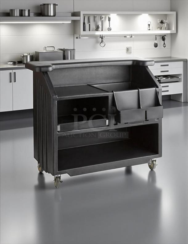 Cambro BAR540110 Cambar® black 54" portable bar in excellent condition, includes 5-bottle speed rail, rolling casters.