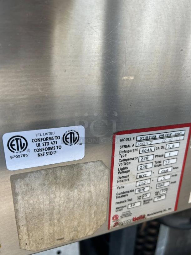 ETL labels on Oscartielle C83FK-9SC Gelato Case, confirming UL STD 471 and NSF STD 7 compliance.