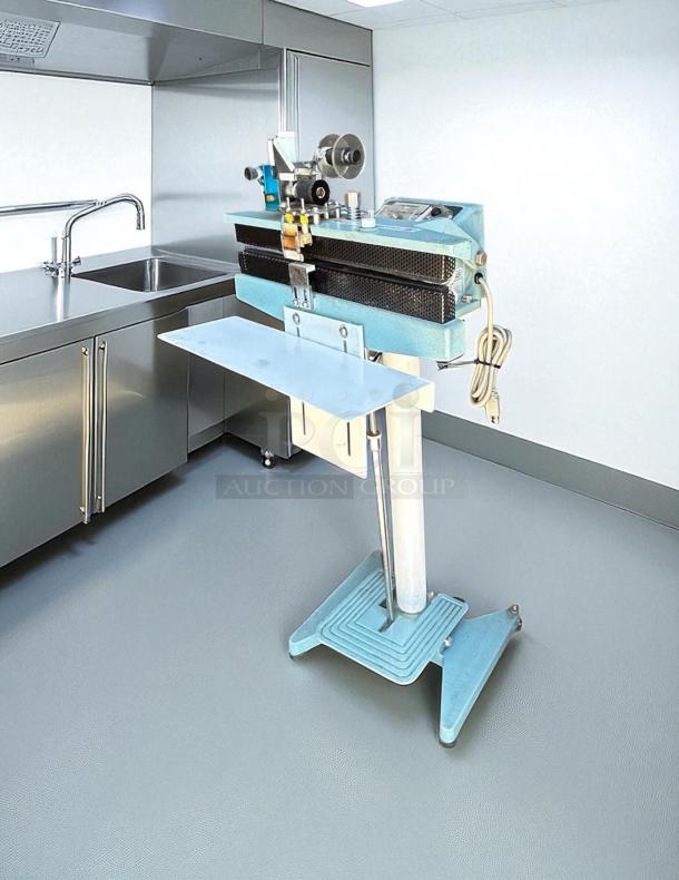 12" Constant Heat Foot Sealer, Model Lined Jaw, excellent condition, 115v, tested working, blue base, foot-operated.