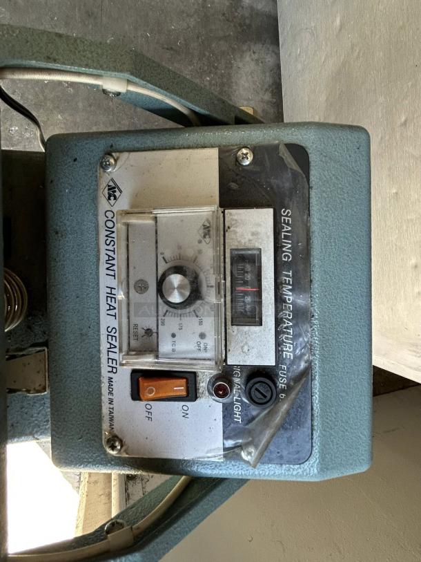 12" Constant Heat Foot Sealer with Lined Jaw, 115v, in super nice condition. Control panel shows settings and power switch.