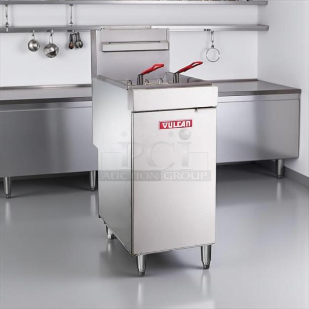 Vulcan LG400 gas fryer, floor model, 50 lb vat, stainless steel, "Vulcan" logo, natural gas, tested & working, excellent condition.