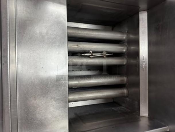 Vulcan LG400 gas fryer interior with clean vat showing heating elements, tested and working, natural gas, 50 lb capacity.