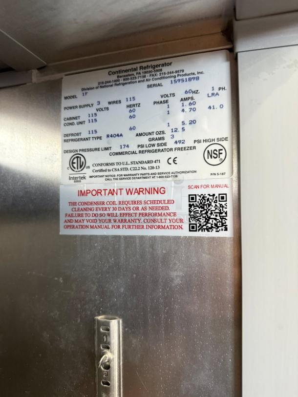 Continental Refrigerator 1F Freezer, reach-in, one-section, 115v, super nice condition, tested, with visible specifications label.
