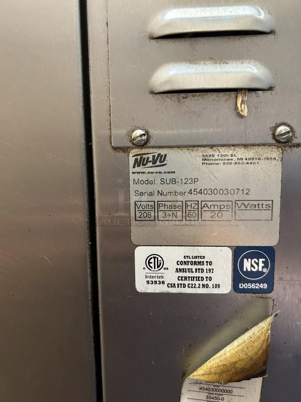 Nuvu SUB-123P electric proofer oven label, showing 208v, 3-phase, 60Hz, 20 amps. ETL and NSF certified.