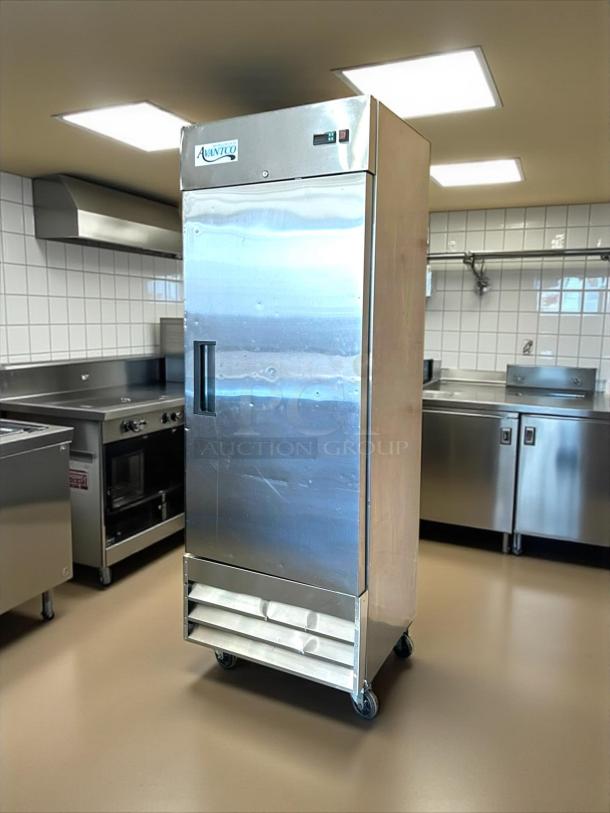 Avantco A-19F-HC 29" solid door reach-in freezer in like-new condition, stainless steel, on wheels, lab-tested, operational.