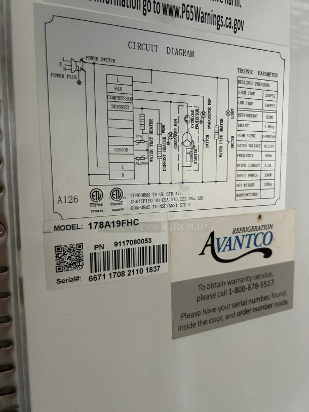 Avantco A-19F-HC reach-in freezer, like new, model 178A19FHC, labeled with circuit diagram and warranty information.
