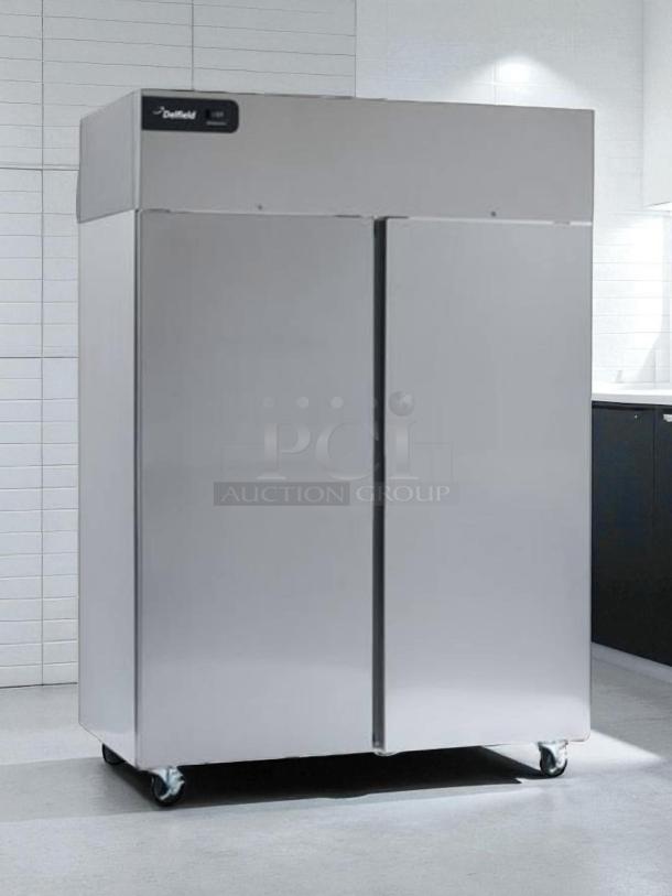Delfield GBR2P-S 55" two-section reach-in refrigerator, stainless steel, left/right hinge solid doors, tested working.