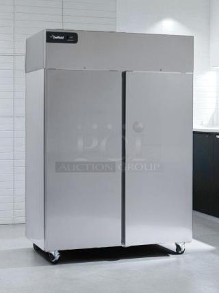 Delfield GBR2P-S 55" two-section reach-in refrigerator, stainless steel, left/right hinge solid doors, tested working.