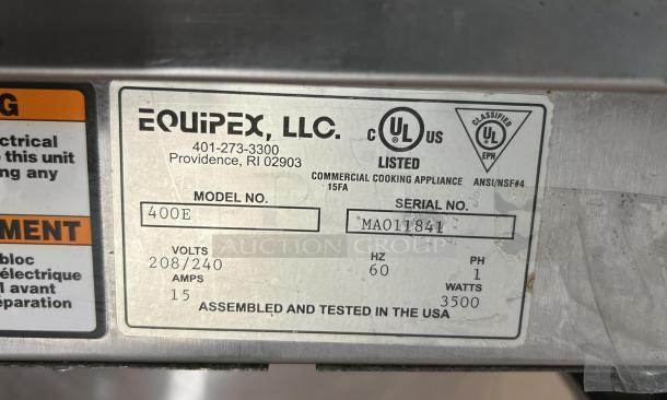 Equipex 400E Crepe Maker, 15.75" cast iron plate, 240v/1ph, tested, good condition, UL and NSF listed, serial MA011841.