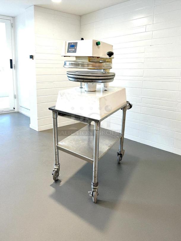 Proluxe DP2350S Apex Pro X2 12" automatic dough press, dual heat, on wheeled stand, excellent condition, tested and working.