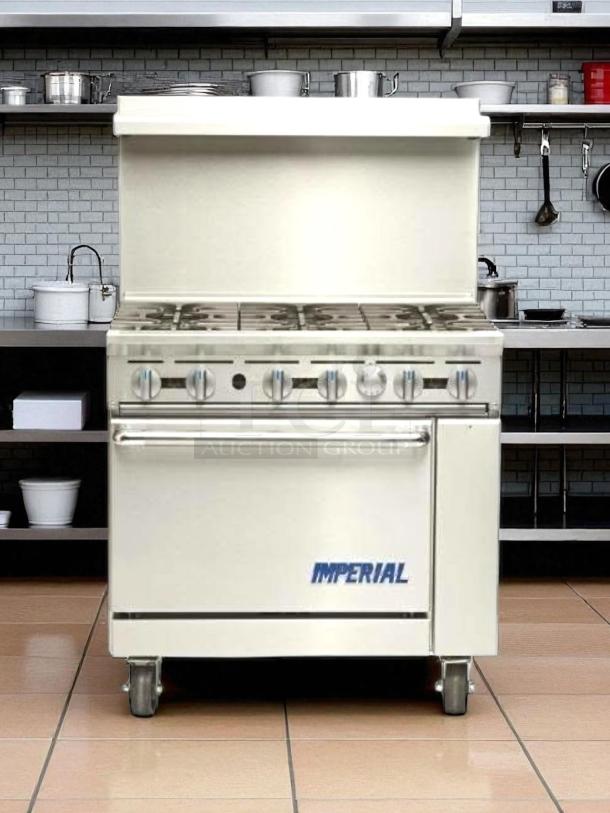 Imperial IR-6NG 36" natural gas range, 6 burners, 26.5” oven, 227,000 BTU. Immaculate condition, tested and working.
