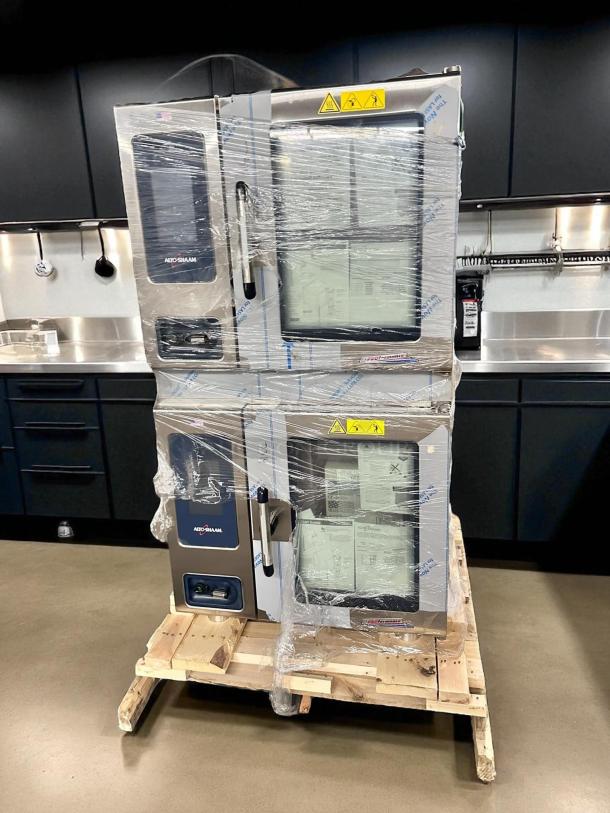 Brand new Alto-Shaam 7-20G PRO Double Full-Size Combi-Oven, boilerless, natural gas, wrapped on pallet, stainless steel finish.