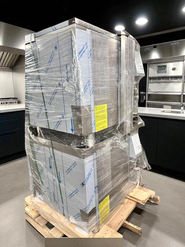 Brand new Alto-Shaam 7-20G PRO double combi-oven, boilerless, natural gas, wrapped on pallet, stainless steel finish, pristine condition.