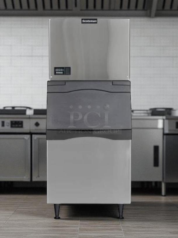 Scotsman CME1056AS ice maker, 500lb capacity, air-cooled with 420lb ice bin, 115v, stainless finish, tested and working.