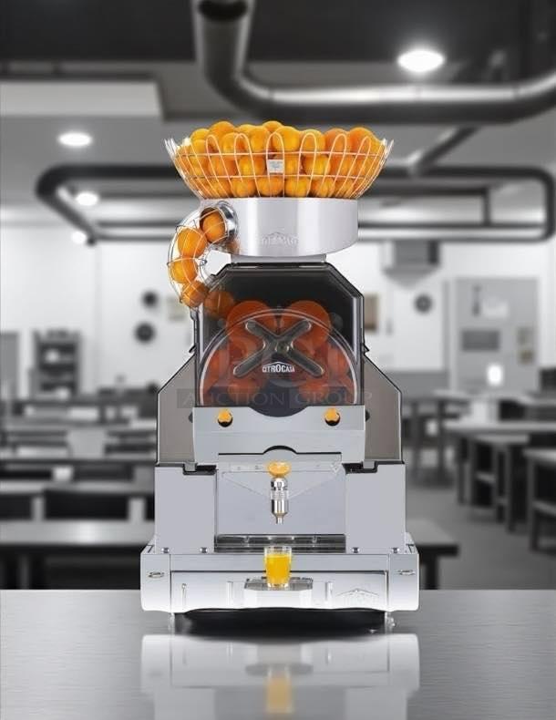 Citrocasa 8000 SB-ATS Advance Citrus Juicer with base carriage, chrome finish, tested and working, in excellent condition.