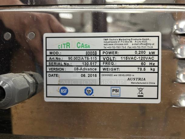 Citrocasa 8000 SB-ATS citrus juicer label showing model, voltage, serial number, and NSF certification.