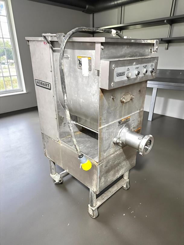 Hobart 4246-2 #32 meat grinder/mixer, 208v, 3ph, 7.5 hp, tested and working. Stainless steel, on wheels, with control panel.
