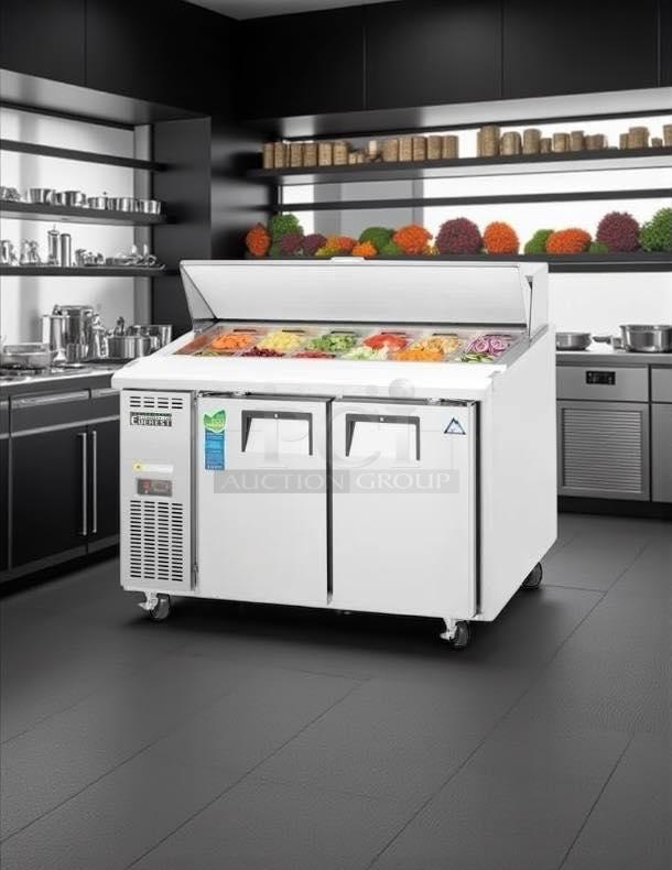 Everest EPR2-24 stainless steel sandwich prep table refrigerator, 47.5", 2 solid doors, great condition, tested and working.