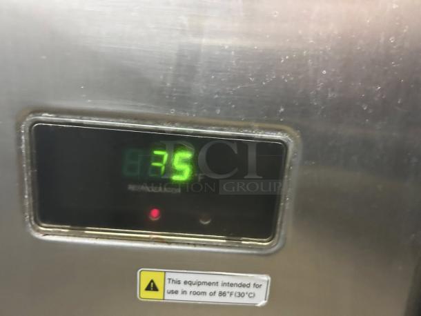 Everest EPR2-24 sandwich prep table, stainless steel, digital display reads 35°F; label advises use in 86°F max room.