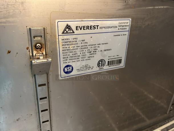Everest EPR2-24 stainless steel sandwich prep table refrigerator label, NSF and ETL certified, 115v, 2 solid doors.
