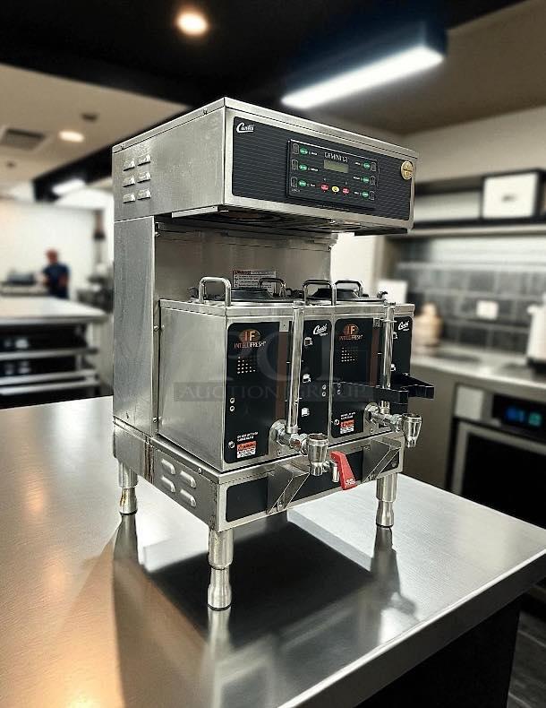 Curtis GEMTS10A1000 Automatic Twin Coffee Brewer, stainless steel, 2 lower warmers, hot water faucet, excellent condition.