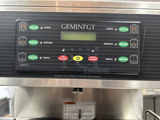 Curtis GEMTS10A1000 Automatic Twin Coffee Brewer control panel, features include brew size options, two warmers, and power switch.